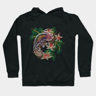 PSYCHEDELIC TRIPPY HORROR VACUI ANIMAL CHAMELEON ON BRANCH - linework Hoodie